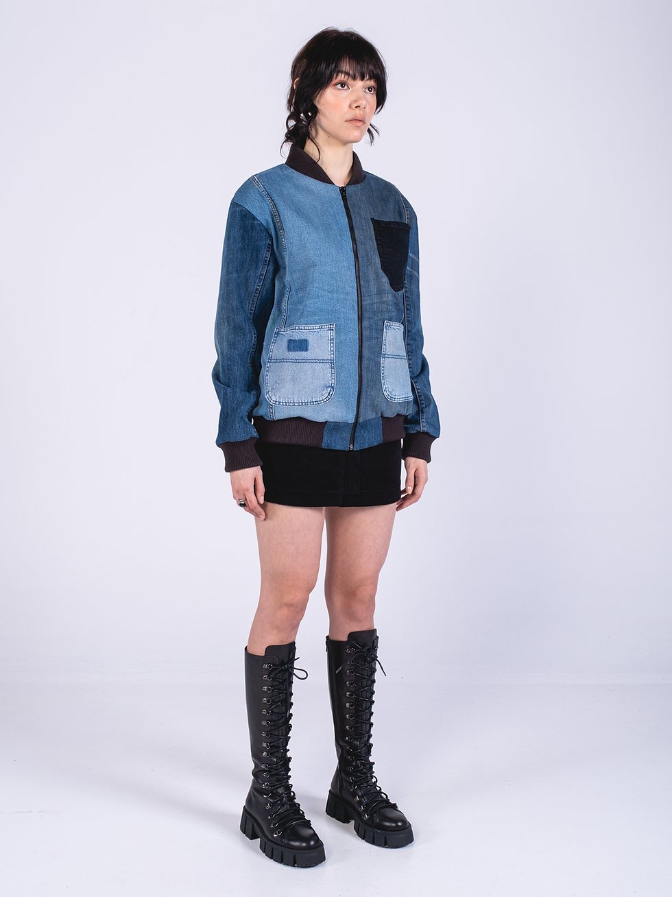 Thumbnail: Reversible Bomber Jacket in Blue Jeans Patchwork/Black