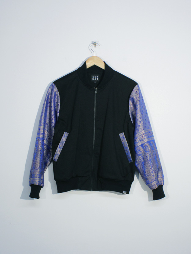 Silk Sari Bomber Jacket Royal Blue/Black - S/M/L