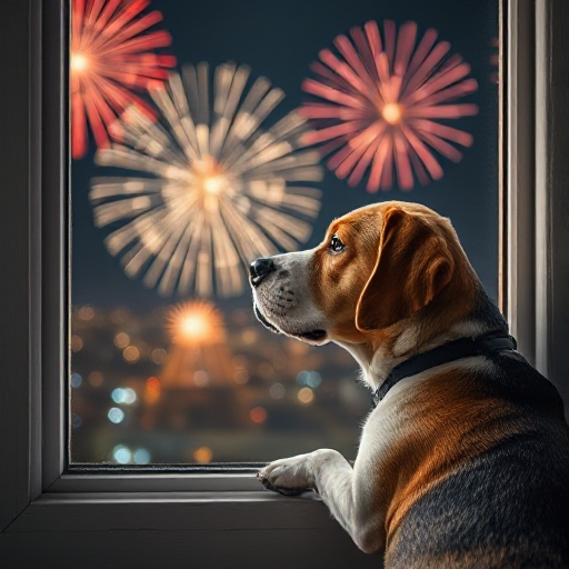Un Beagle qui regarde le feux d'artifice.