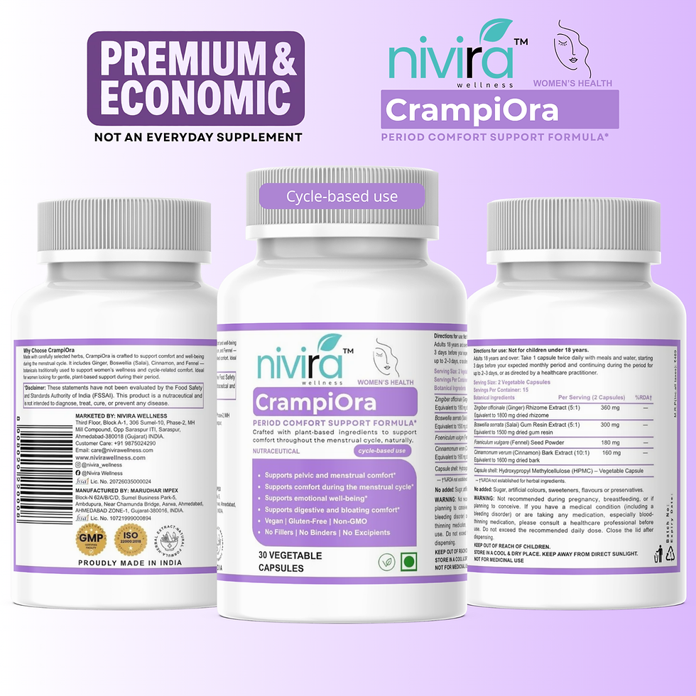 Thumbnail: CrampiOra herbal menstrual comfort supplement product bottle front, left and right view