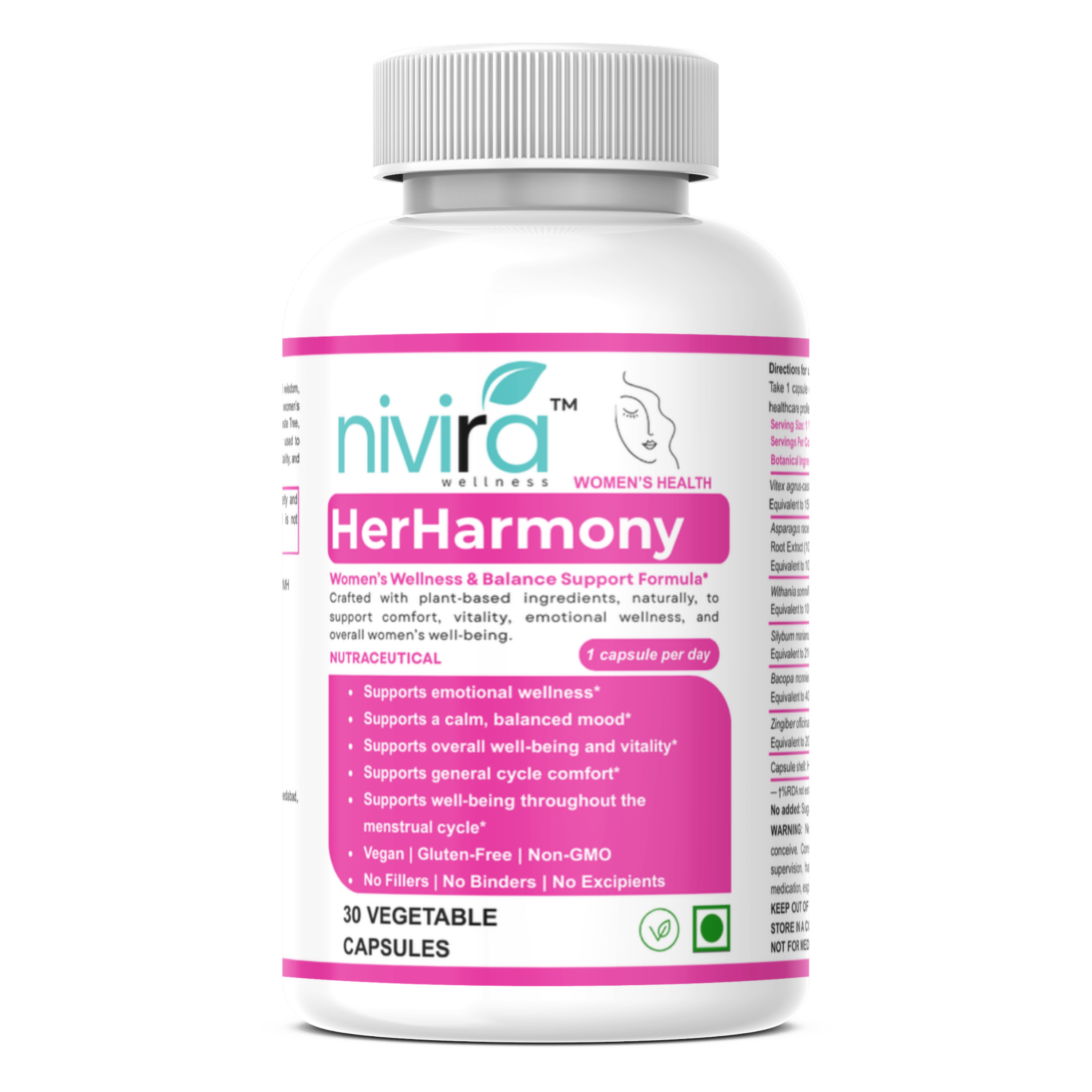 HerHarmony herbal women’s wellness and PMS comfort support supplement bottle front view