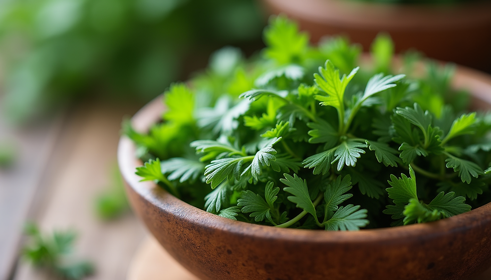 Close-up view of fresh green herbs in a wooden bowl