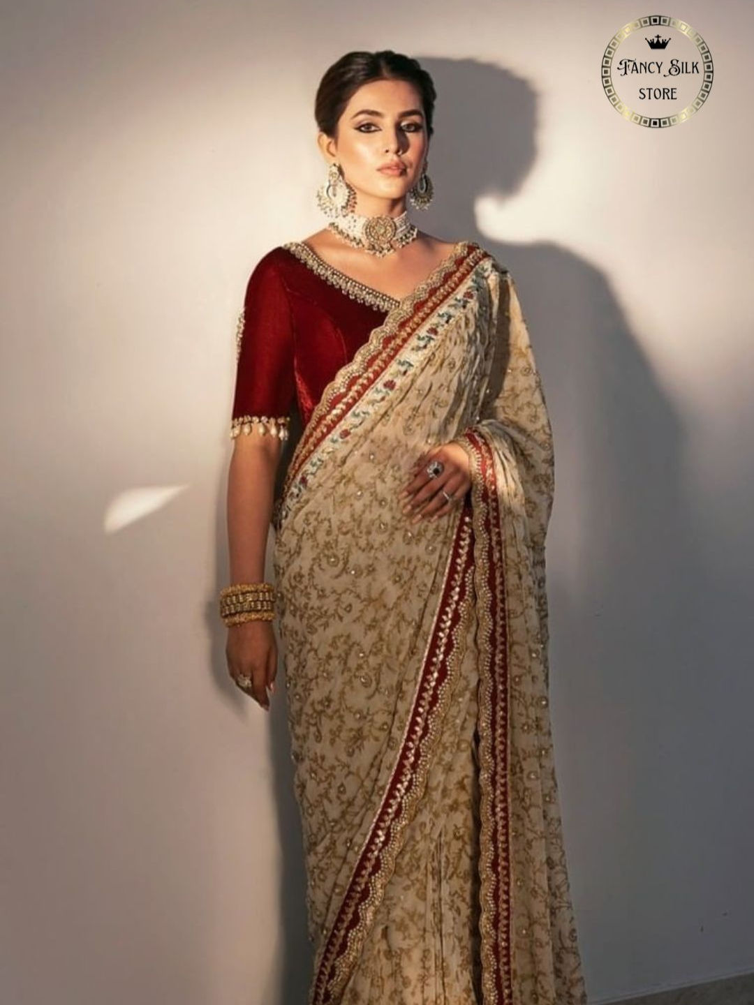 Maroon cream saree