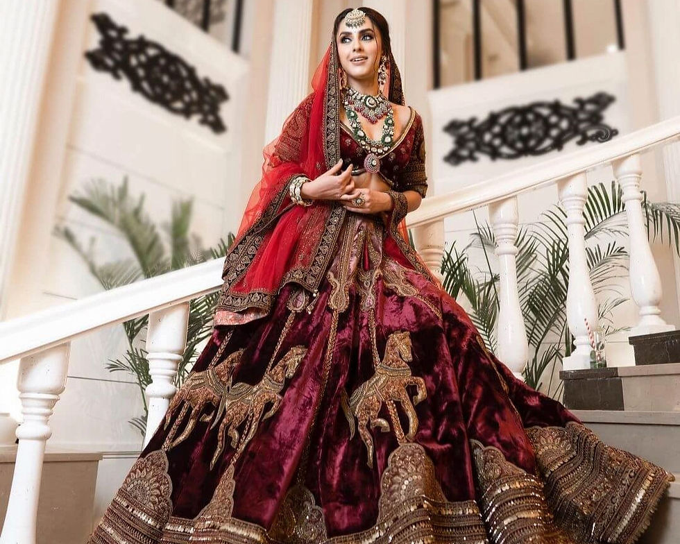 Eye-level view of a regal velvet lehenga adorned with intricate designs