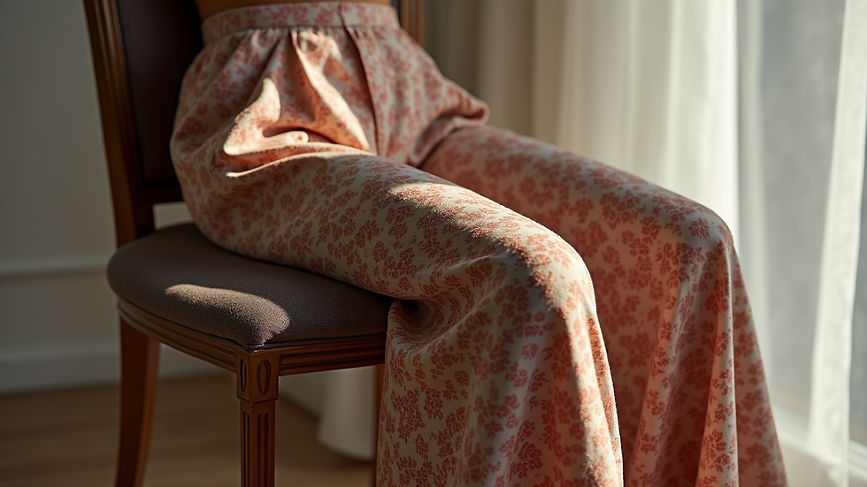 Close-up view of a pair of patterned palazzo pants draped on a chair
