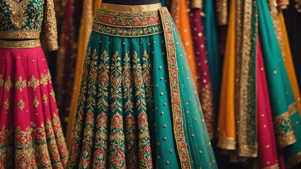 Close-up view of a colorful lehenga draped on a mannequin showing intricate patterns