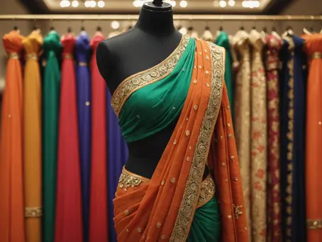 A mannequin dressed in a vibrant green and orange saree, displayed in front of colorful traditional Indian outfits on hangers.