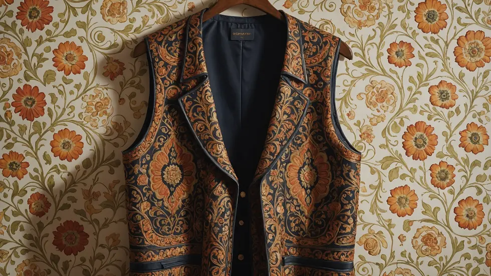 High angle view of a long stylish vest hanging with decorative patterns