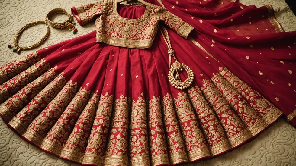 High angle view of a traditional lehenga choli set on display