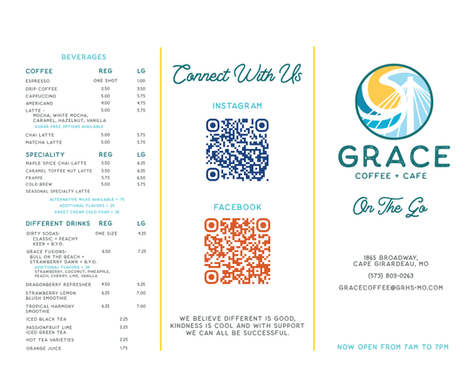 The front of a redesigned Grace Coffee + Cafe to-go menu. 