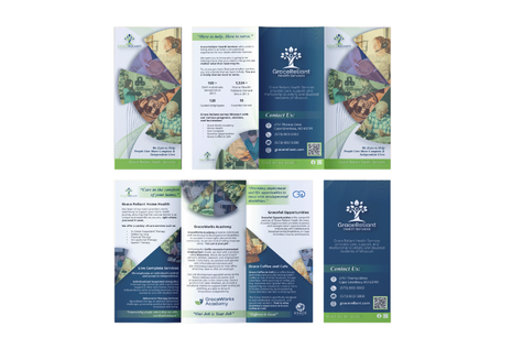 Tri-fold Mockup for Grace Reliant Health Services company overview describing services provided by Grace Reliant Health Services, Home Health, Graceful Opportunities, Grace Coffee + Cafe, Grace Works Academy, and Live Complete Services.