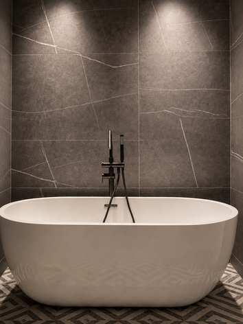 Bañera exenta con grifería negra, revestimiento porcelánico oscuro e iluminación empotrada