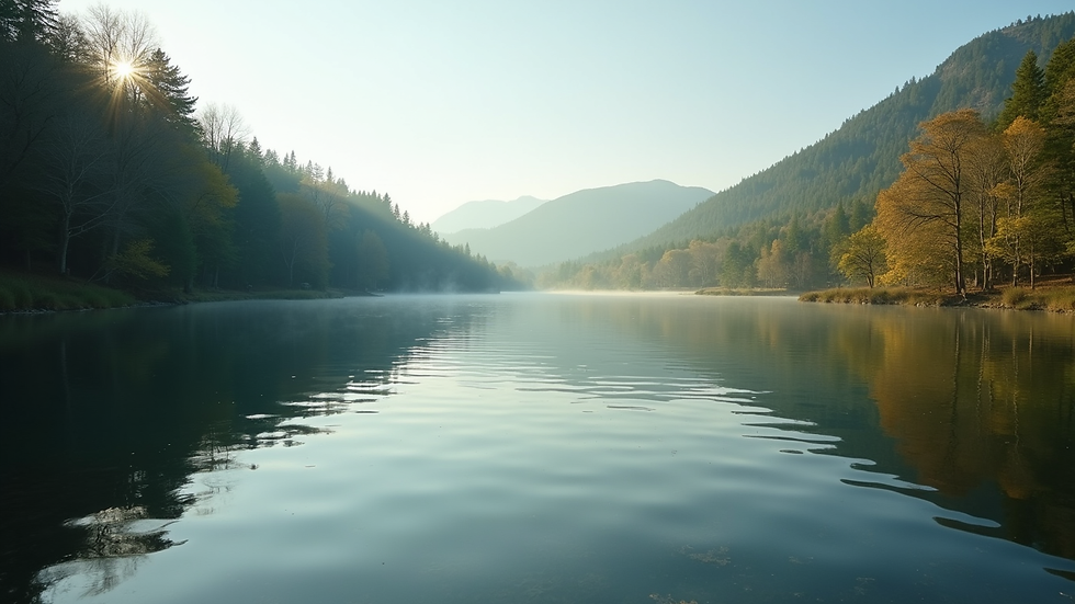 Close-up view of a serene nature scene with a calm lake and surrounding trees