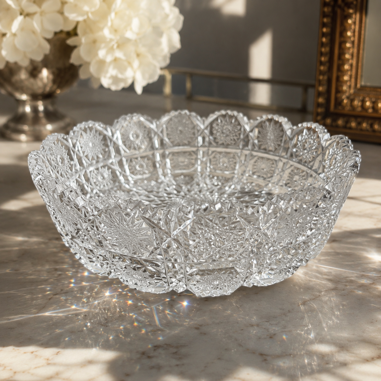 Crystal Bowl, Large Sparkling Crystal Centerpiece Bowl, Scalloped Serving Bowl, 
