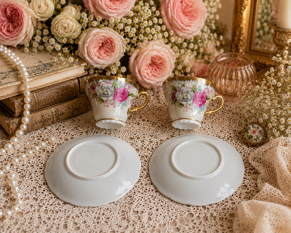 Thumbnail: Floral Teacup Set, Pink Rose Porcelain Cups and Saucers, Gold Gilt Tea Cups, Rom