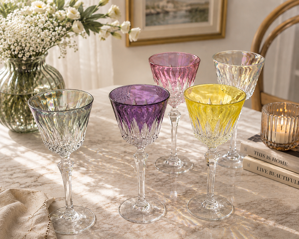Thumbnail: CRYSTAL Set of 5 Colored Wine Glasses, Cut Crystal Stemware, Rainbow Goblets