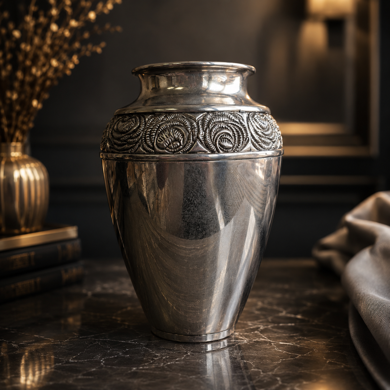 Silver Tone Decorative Urn Vase with Embossed Floral Border, Lidded Metal Keepsa