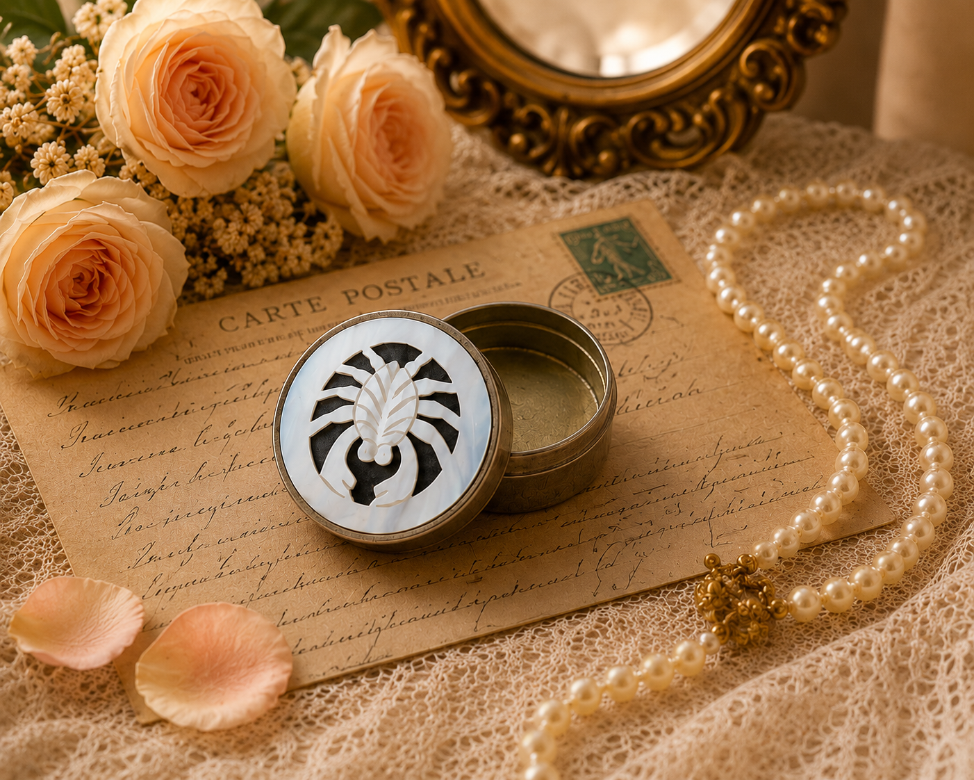 MINIATURE, Mother of Pearl Cameo Pill Box, Silver-Tone Metal Trinket, Double Pro