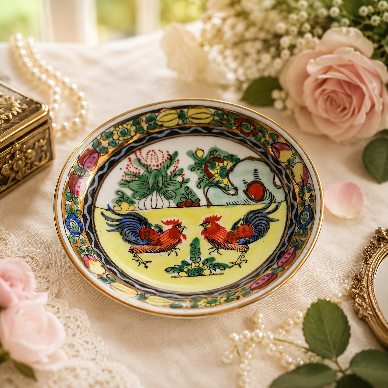 Chinese Hand Painted Rooster Porcelain Dish, Elephant & Floral Motif, Red Seal M