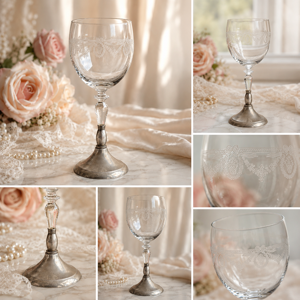 Thumbnail: Italian Crystal Wine Glass, Goblet Silver Plated Stem, Etched Floral Crystal Sty