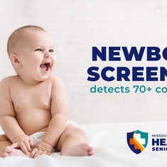 A baby laughing and sitting on a white blanket. Text reads, "Newborn Screening detects 70+ conditions."