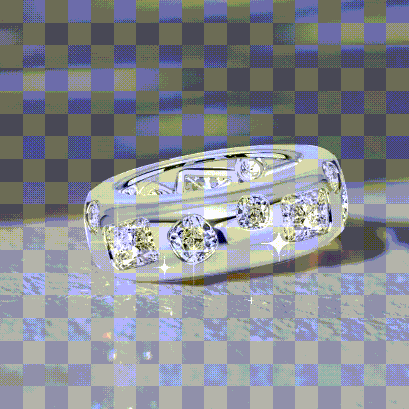 Italo Flush Setting White Sapphire Cushion & Radiant Cut Eternity Band for Women featuring continuous white sapphire stones in a secure flush setting, front view on white background.