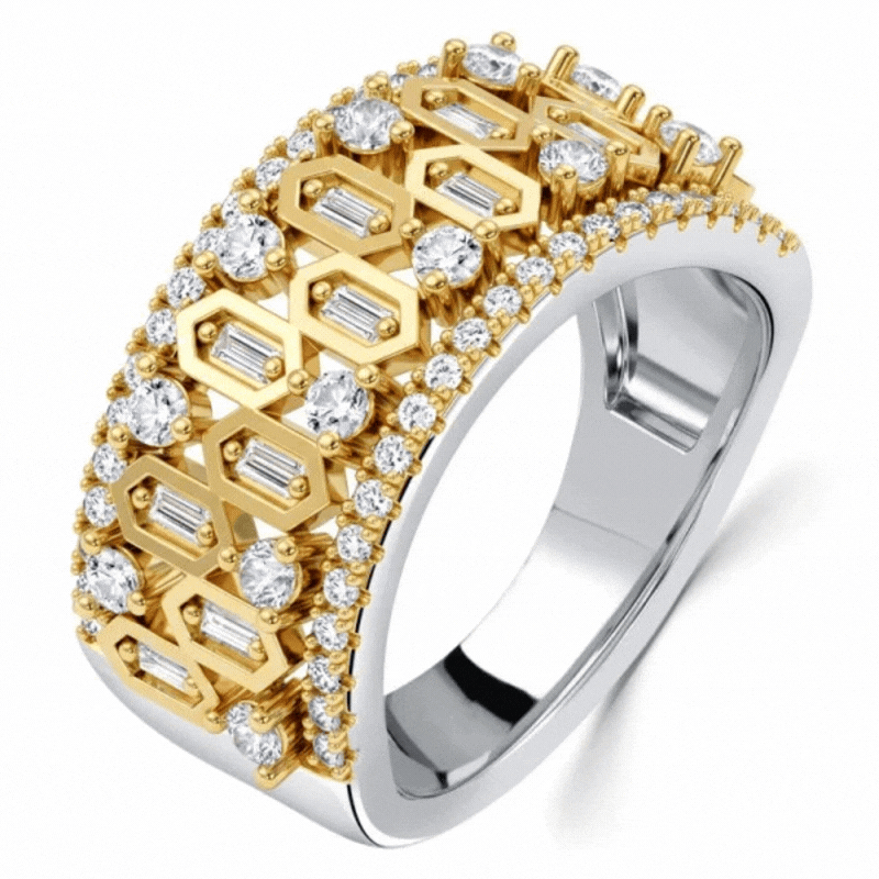 Libra Love Compatibility with Gemini and Aquarius: Italo Two-Tone Hexagon Baguette Cut Half Eternity Wedding Band Ring For Women