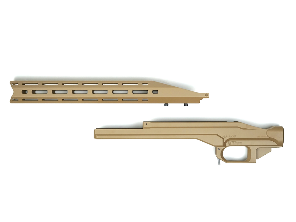 Прев'ю: Тактичне алюмінієве ложе КРУК у кольорі Coyote Sand для Remington 700 SA, вигляд на розібрані частини системи.
