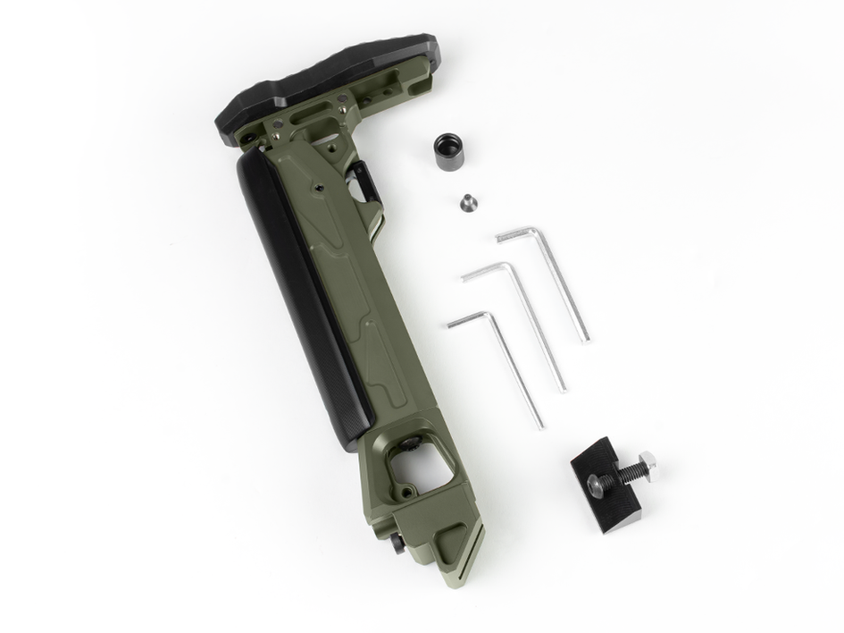 KPYK CRC 5002/9035-RPK OD Green Installation Set — Telescopic stock with mounting hardware, screws, and hex keys.