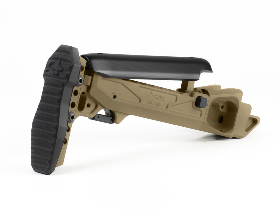 KPYK CRC 5002/9035-RPK Tan Side Profile — Showing the adjustable height cheek piece and robust aluminum construction.
