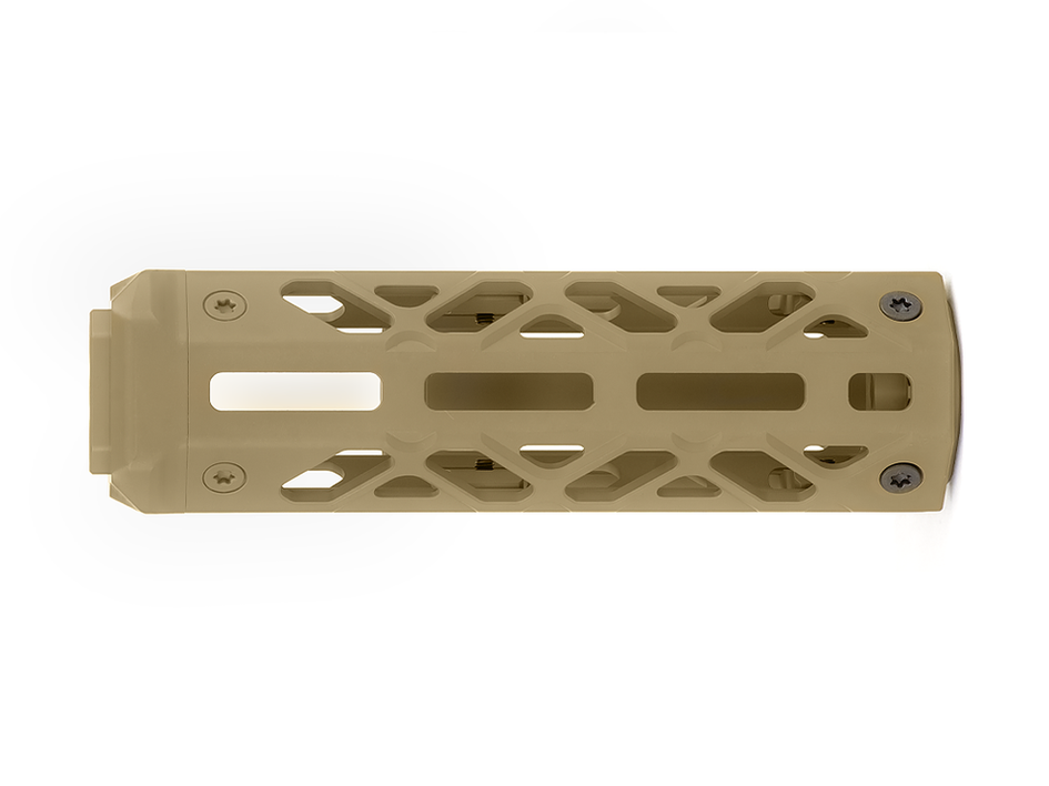 KPYK CRC 1U007 Tan Bottom Detail — Precision M-LOK interface on the Coyote Tan aluminum lower handguard for RPK.