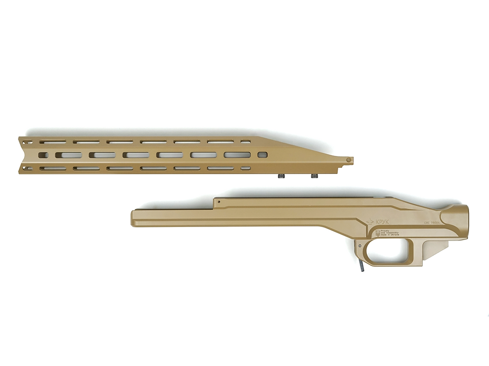 Thumbnail: Тактичне алюмінієве ложе КРУК у кольорі Coyote Sand для Remington 700 LA, вигляд на розібрані частини системи.