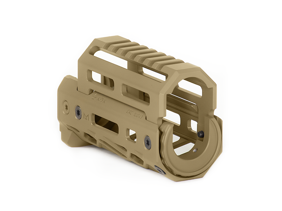KPYK CRC 1U043 Tan Profile — Lightweight aluminum replacement handguard for AKS-74U with integrated Picatinny top rail.