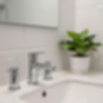 Bathroom sink with chrome faucet and green plant
