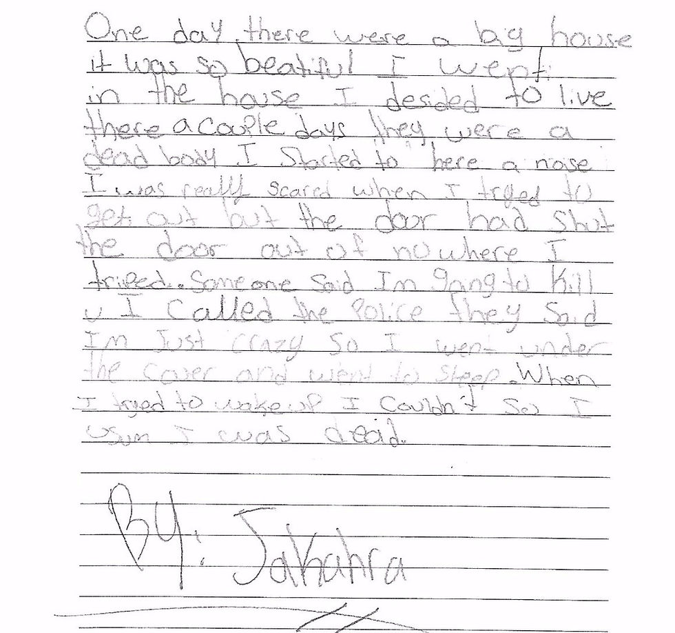 “One day there were a big house it was so beatiful I went in the house I desided to live there a couple days they were a dead body I started to here a noise I was really scared when I tryed to get out but the door had shut the door out of no where I triped. Someone said Im going to kill u I called the police they said Im just crazy so I went under the cover and went to sleep. When I tryed to wake up I couldn’t so I usum I was dead.”