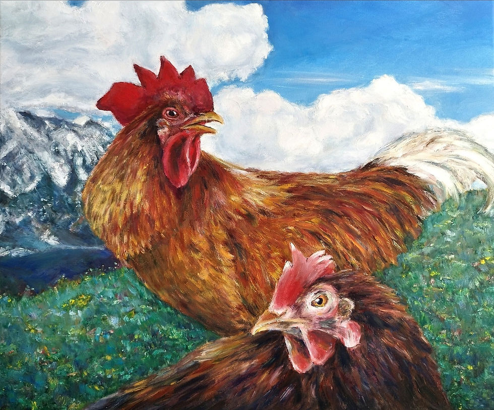 Hen And Rooster in Tyrol,  oil painting on canvas,  60 x 50 cm