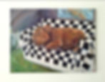 Dreamy painting  of a sleeping cow lying down on the couch in a cozy living room. Oil on canvas by Jura Kuba Art for sale