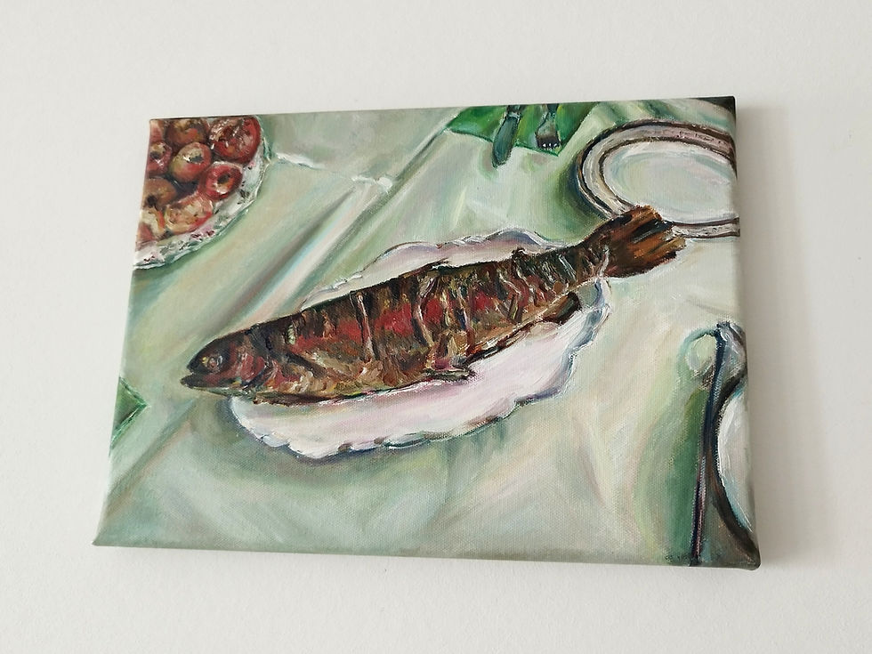 Thumbnail: Still Life With A Fish, Oil painting on canvas, 33 x 24 cm