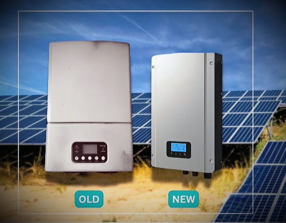 Image showing an outdated solar inverter next to a modern inverter, with solar panels and a blue sky in the background.