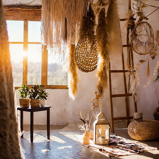 Firefly exciting background for text that is boho and luxury in a sunny studio of workshop