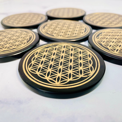 Black Obsidian Crystal Grid or Coaster - Gold Flower of Life