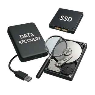 Three hard drives and storage devices floating together on a transparent background, representing data recovery services.