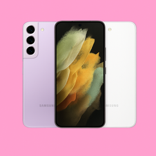 Three Samsung Galaxy S21 phones displayed with front and back views, showcasing their sleek design, triple-camera setup, and matte finishes in different colors.