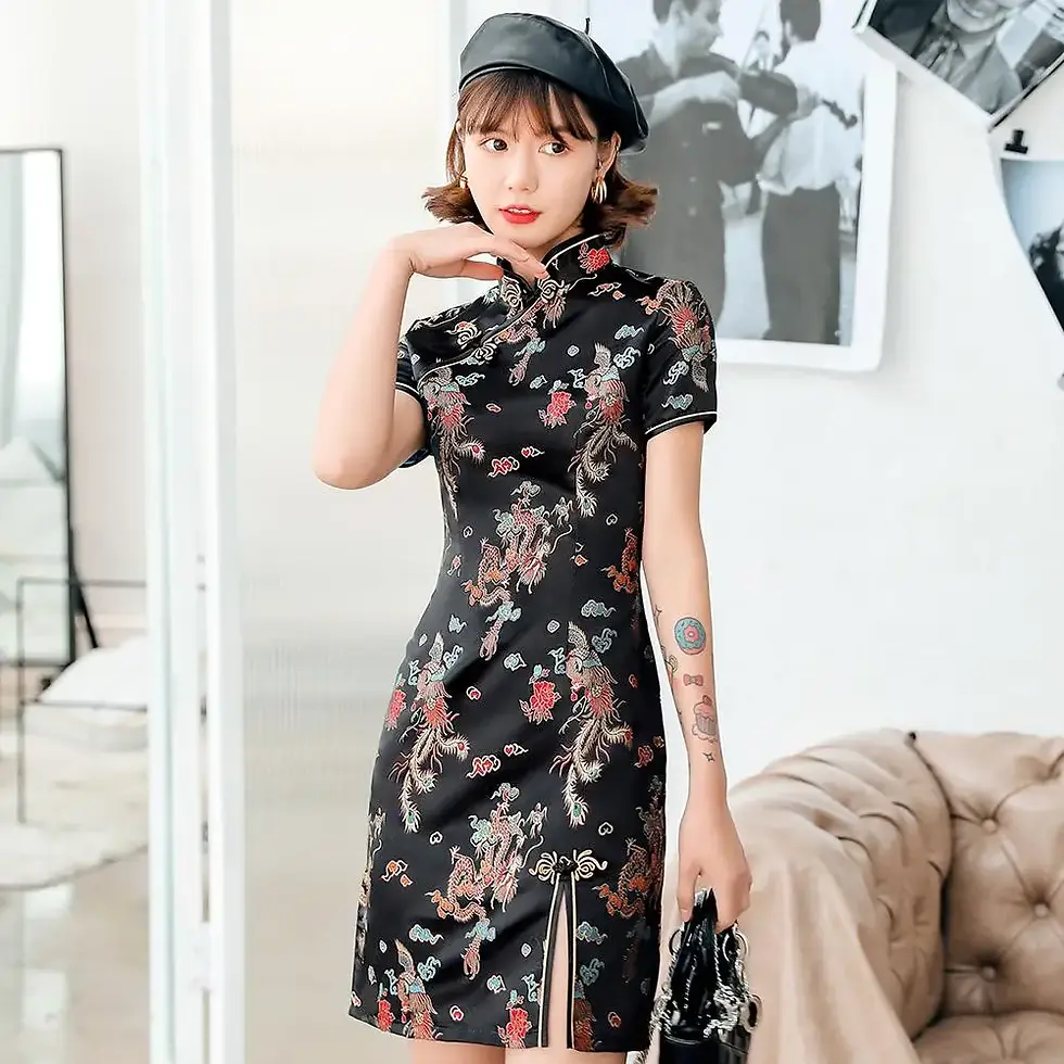 תמונה ממוזערת: Chinese Female Satin Dress Elegant Slim Plus Size Qipao Mandarin Collar Vintage