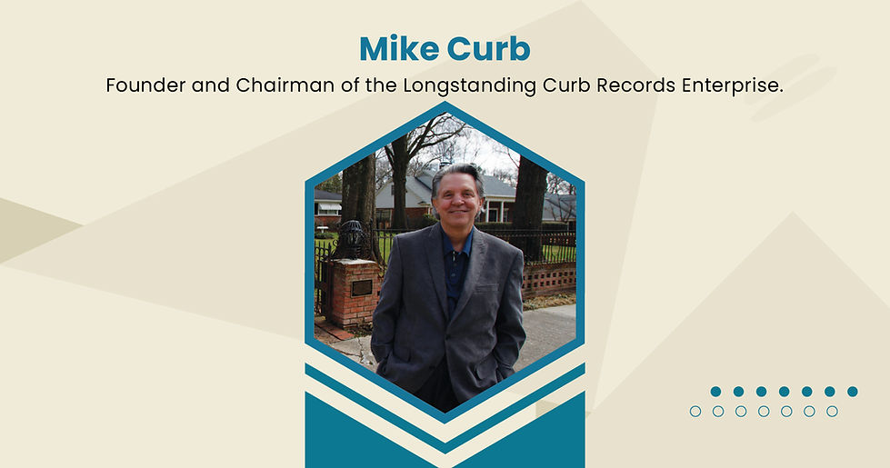 Mike Curb standing outdoors in a suit, featured as founder and chairman of Curb Records.