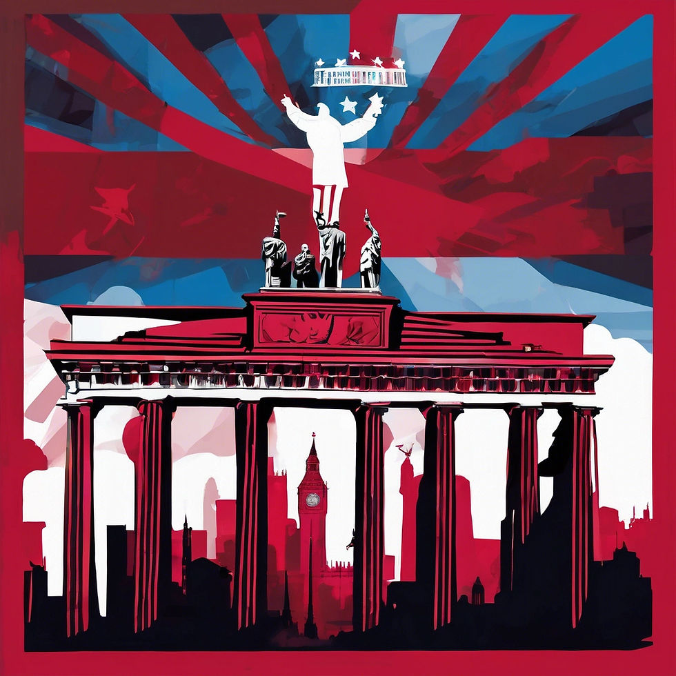 Bold red, blue and white poster of the Brandenburg Gate and Berlin skyline, with a raised statue and BERLIN text.