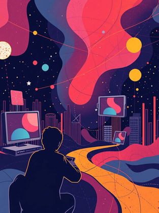 Silhouetted person faces floating screens over a neon cityscape and starry abstract sky in pink, blue, and yellow. Free media - Maktoob