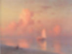 The Sunset, 1866 by Ivan Aivazovsky, depicting a calm sea with a ship and pink clouds illuminated by the setting sun.