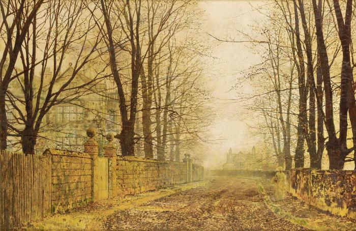 John Atkinson Grimshaw’s Golden Eve (1892), an atmospheric autumn landscape with bare trees and a soft golden light illuminating a quiet path.