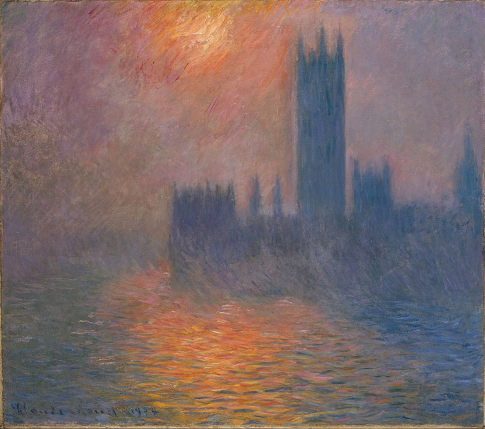 Impressionist painting of a hazy city skyline at sunset. The sky is pink and orange, reflecting on the water. Calm, muted mood.